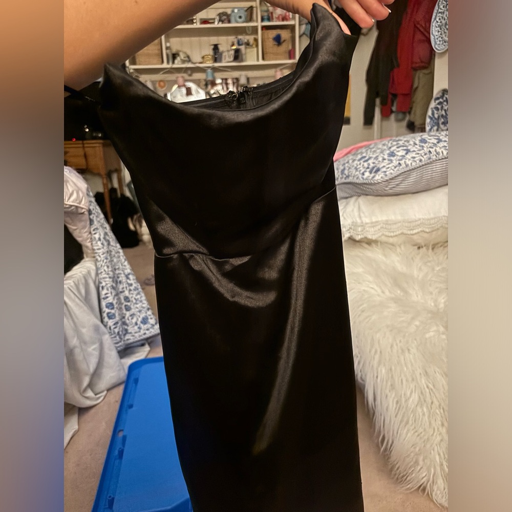 Lulu black strapless satin dress that zips in the back